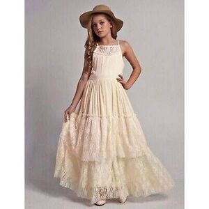 Bibihou Girls Kids Lace Back Full Length Backless Tulle Tiered Lace Formal Dress